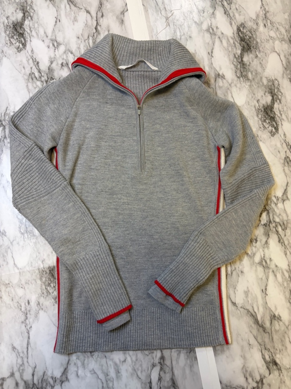 Athleta Light Gray Half-Zip Pullover Sweater with Red Trim blended wool size S - Picture 1 of 8